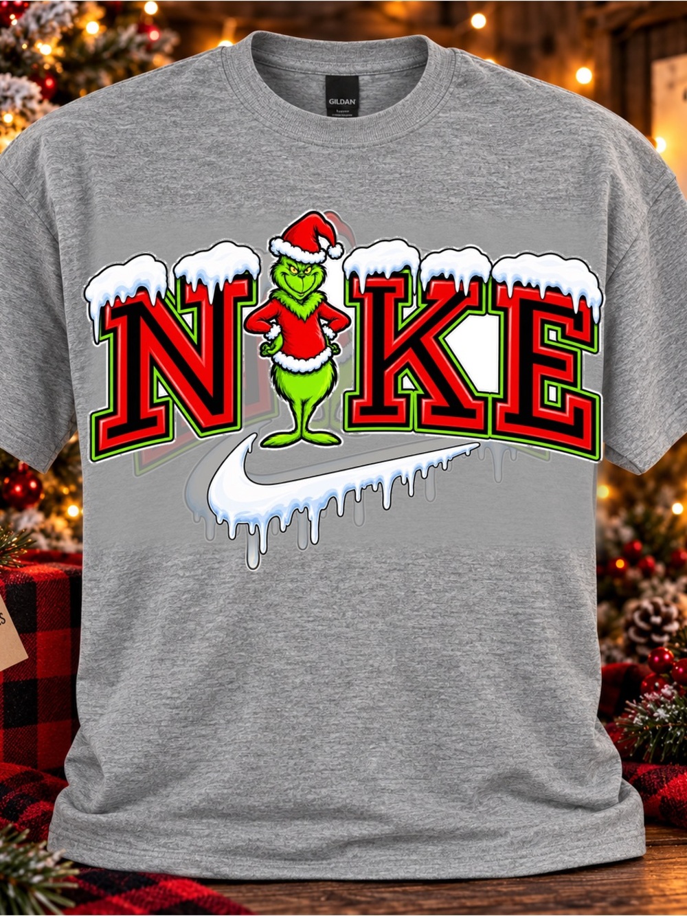 Gray Holiday Grinch Graphic T-Shirt - Festive Nike-Inspired Design Adult Unisex